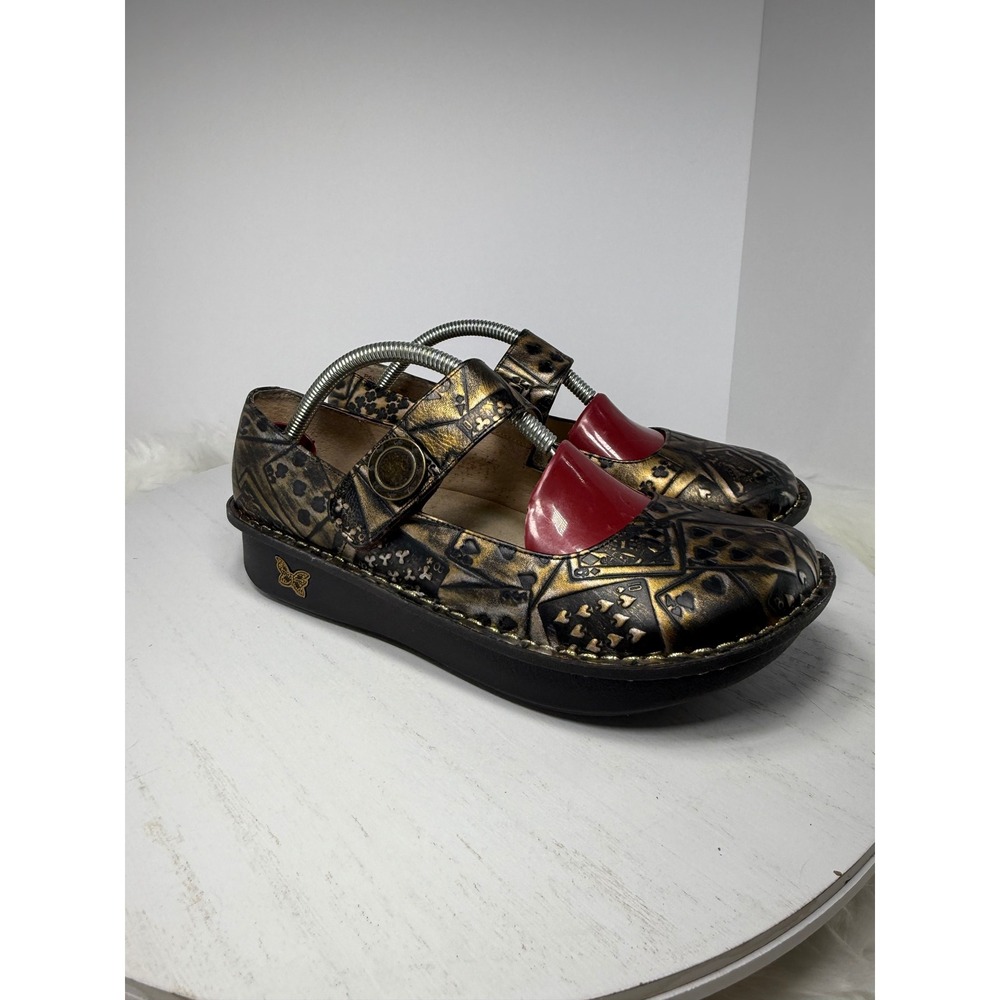 Allegria Mary Jane Shoes Women Black Gold Butterfly Card Print  Size 40